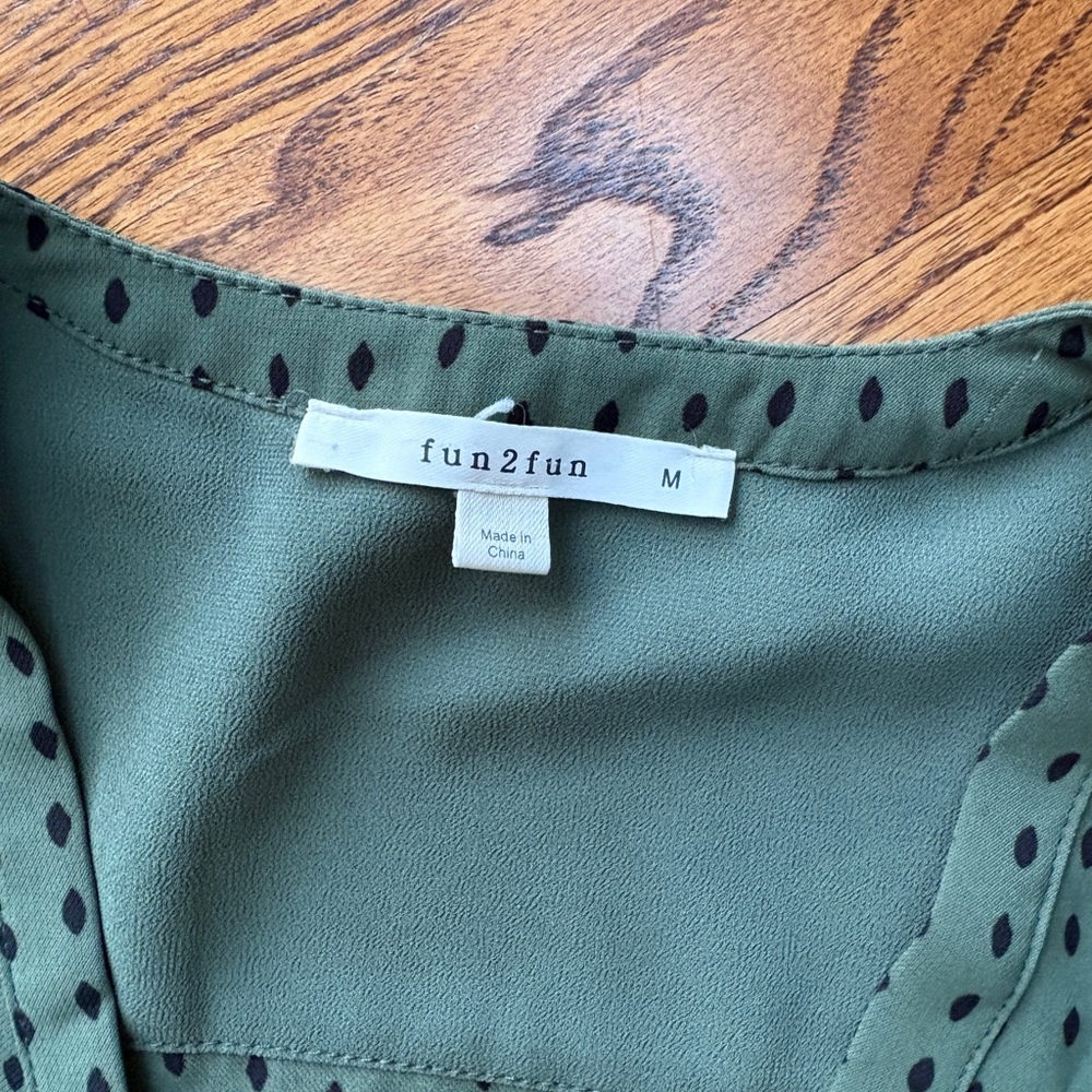 fun 2 fun Green V-Neck Dot Cap-Sleeve Blouse - Picture 5 of 7